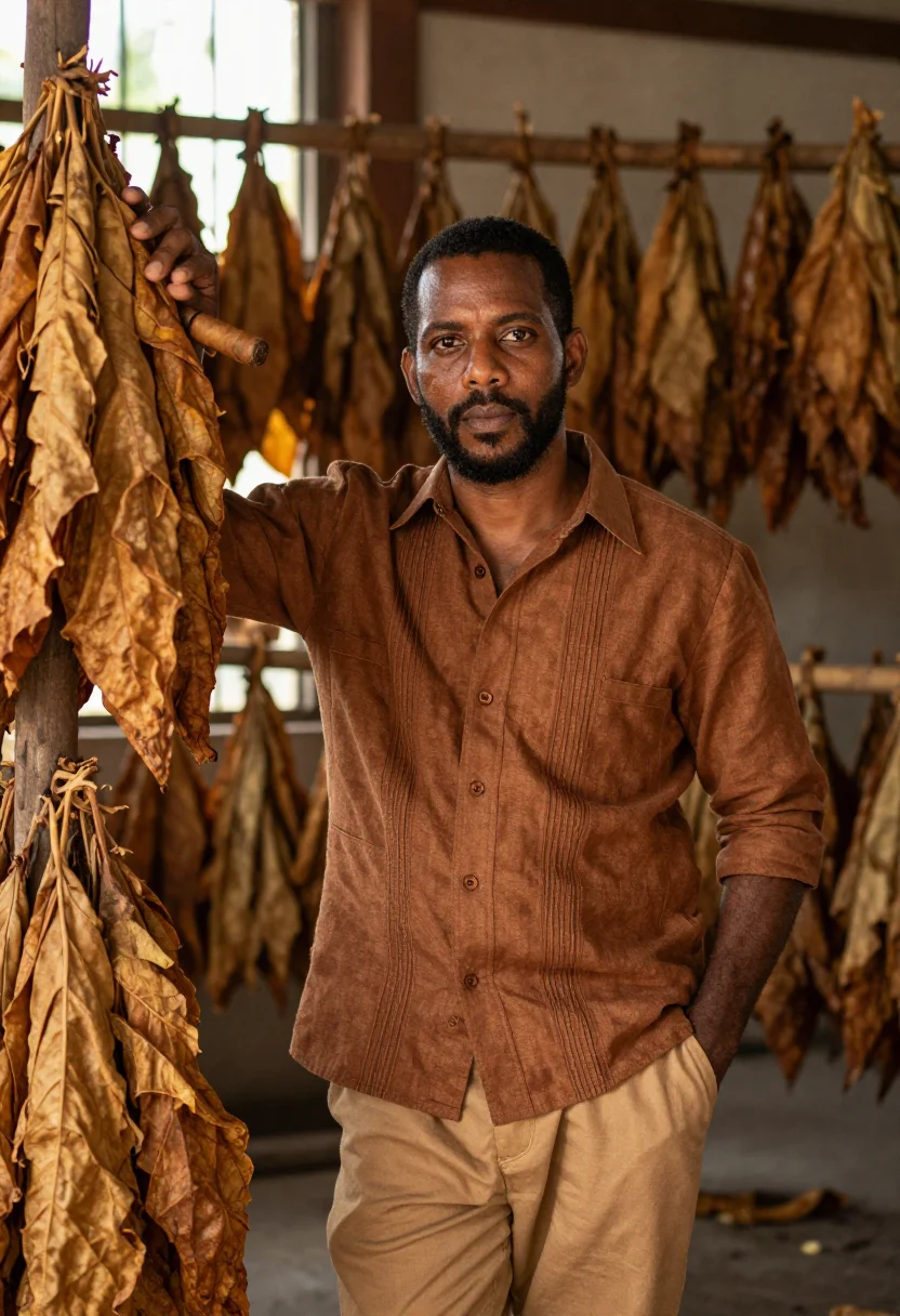 AI ybor city cigar maker tobacco sample — portrait of a man, Afro-Cuban, in his thirties, with deep br
