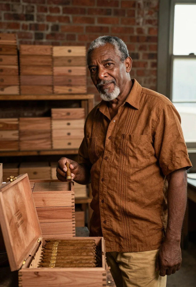 AI ybor city cigar maker tobacco sample — portrait of a man, Afro-Cuban, in his sixties, with deep bro