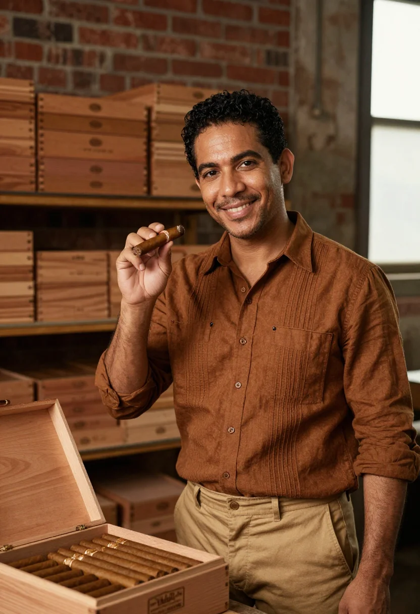 AI ybor city cigar maker tobacco sample — portrait of a man, Cuban-American, in his late twenties, wit