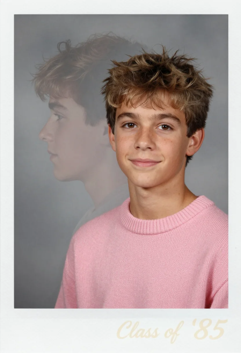 AI yearbook 1985 sample — a 1985 double-exposure yearbook portrait of a boy of about s