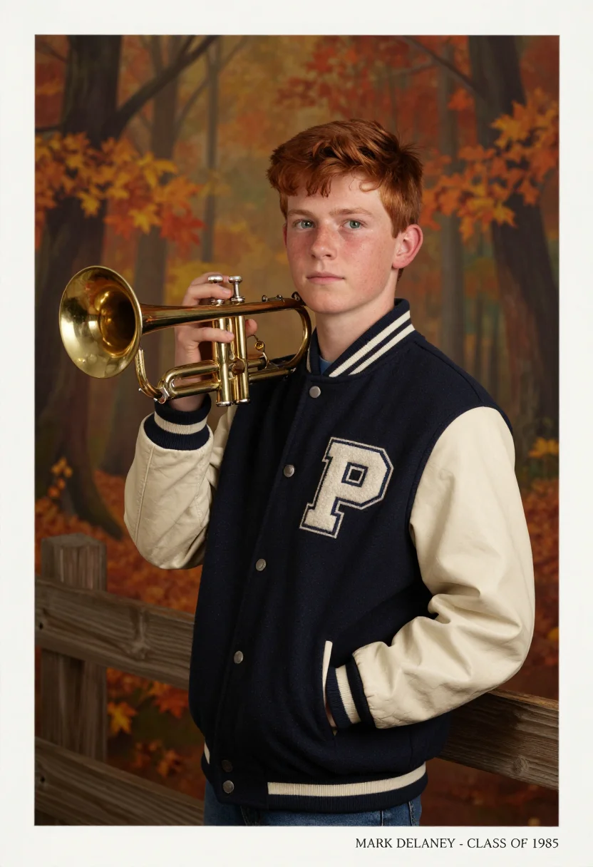 AI yearbook 1985 sample — a 1985 senior portrait of a boy of about seventeen with pale