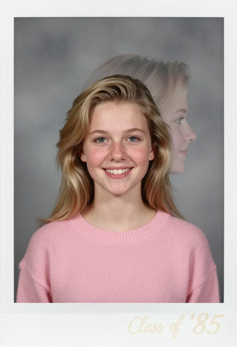 AI yearbook 1985 sample — a 1985 double-exposure yearbook portrait of a girl of about