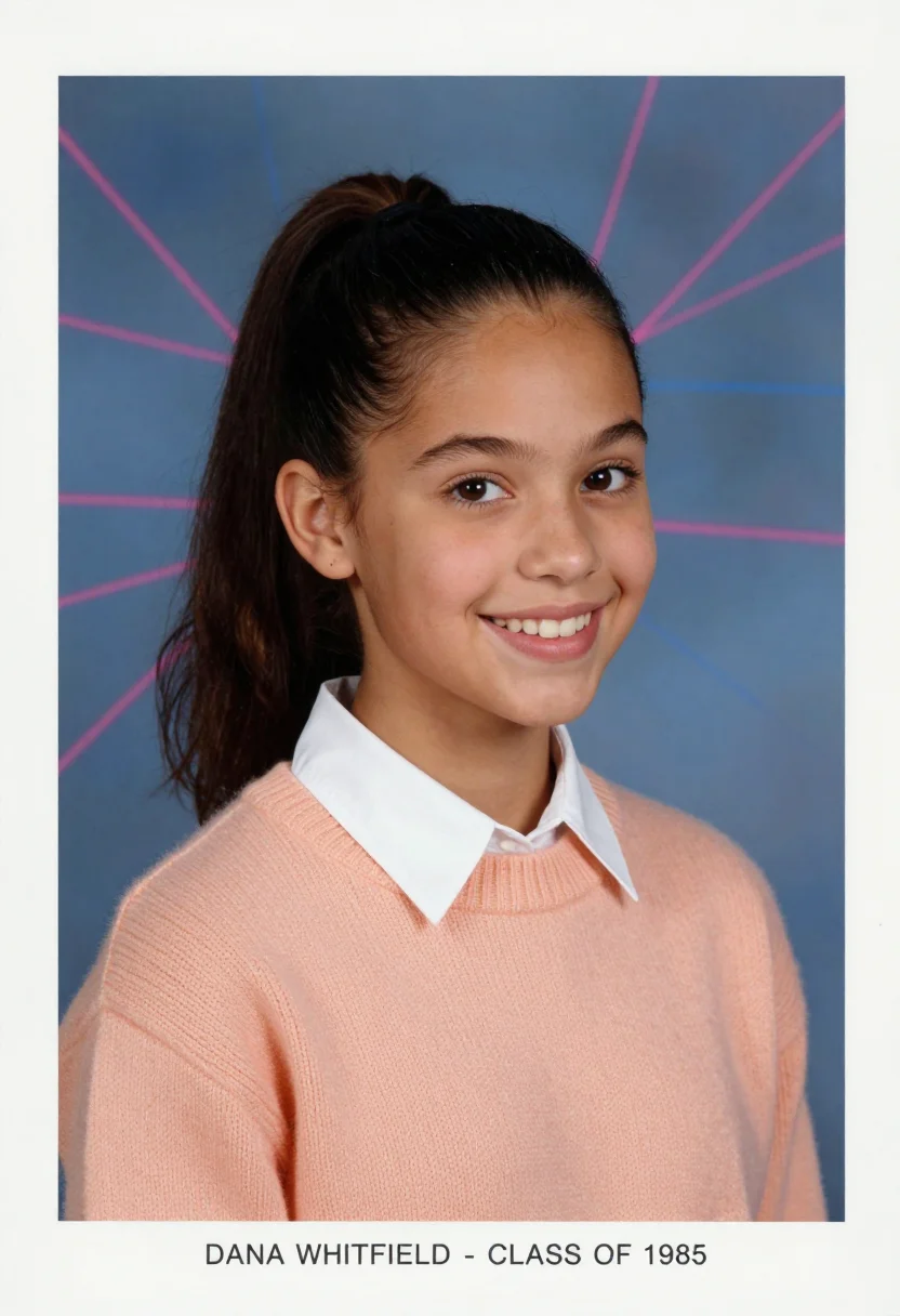 AI yearbook 1985 sample — a 1985 school portrait of a girl of about seventeen with war