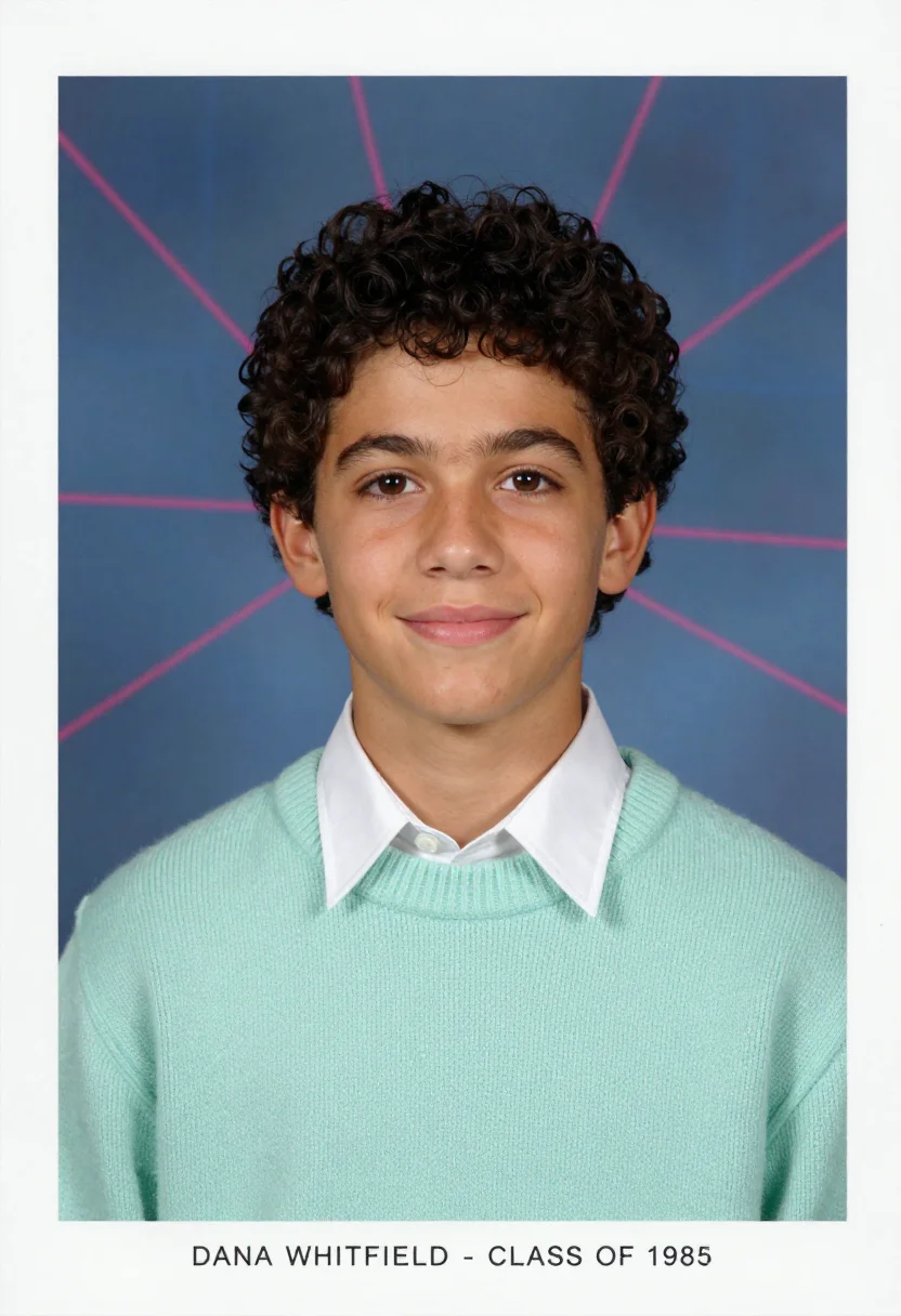 AI yearbook 1985 sample — a 1985 school portrait of a boy of about eighteen with warm