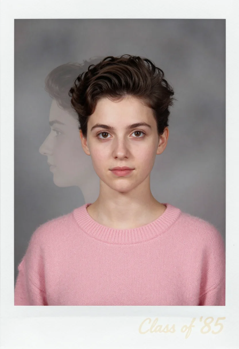 AI yearbook 1985 sample — a 1985 double-exposure yearbook portrait of a girl of about