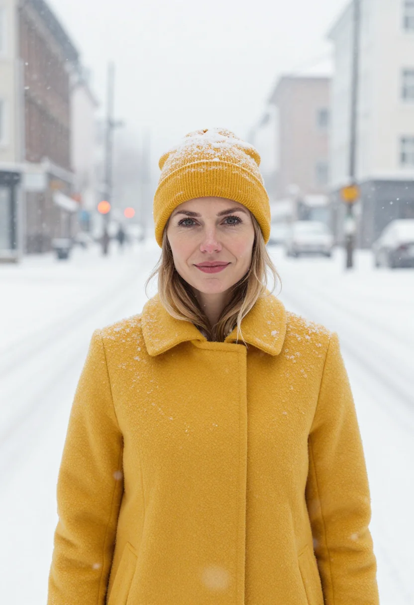 AI yellow cab snow sample — portrait of a woman, framed head and shoulders, tighter, the