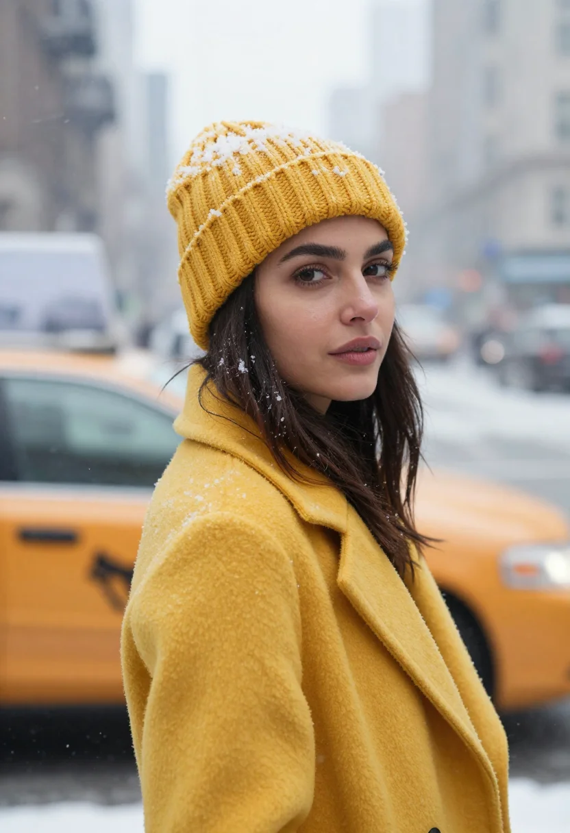 AI yellow cab snow sample — portrait of a woman, framed head and shoulders, tighter, the