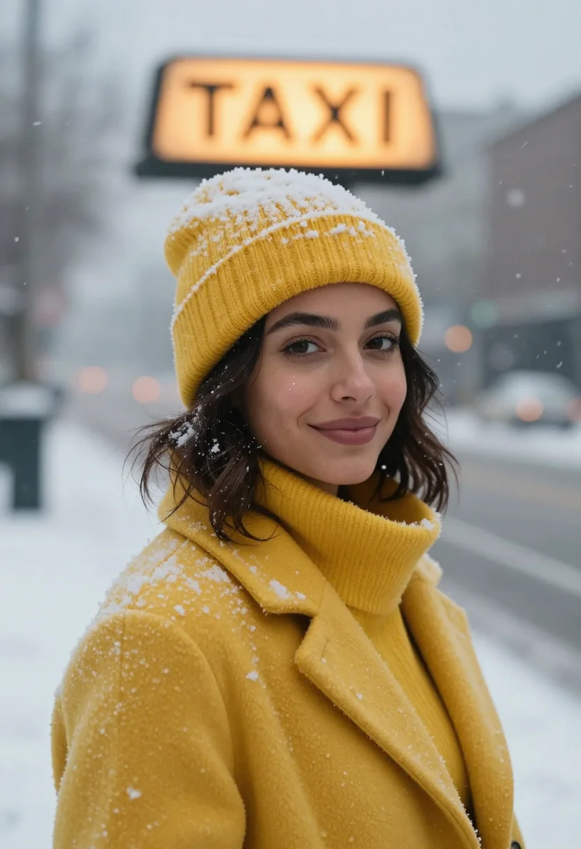 AI yellow cab snow sample — portrait of a woman, framed head and shoulders, tighter, the