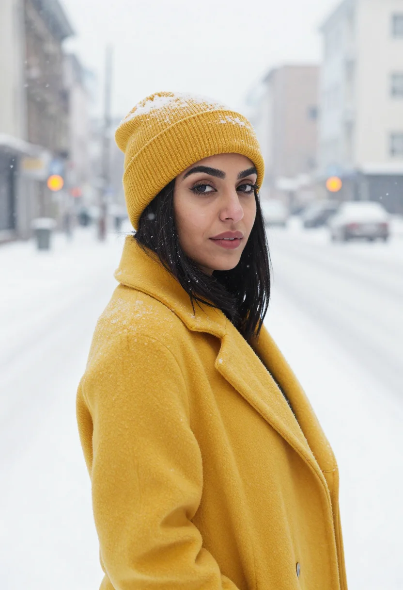 AI yellow cab snow sample — portrait of a woman, framed as a tight headshot from the cro