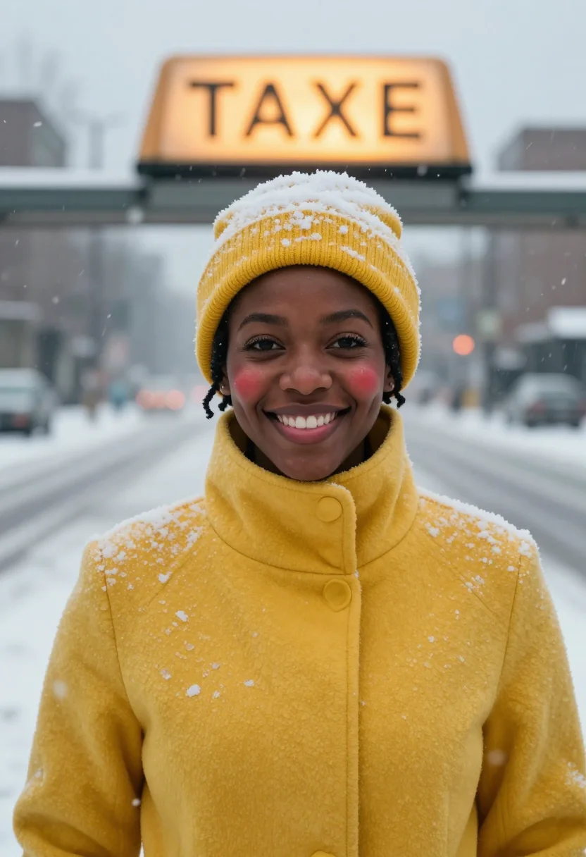 AI yellow cab snow sample — portrait of a woman, framed chest-up from the ribs with the