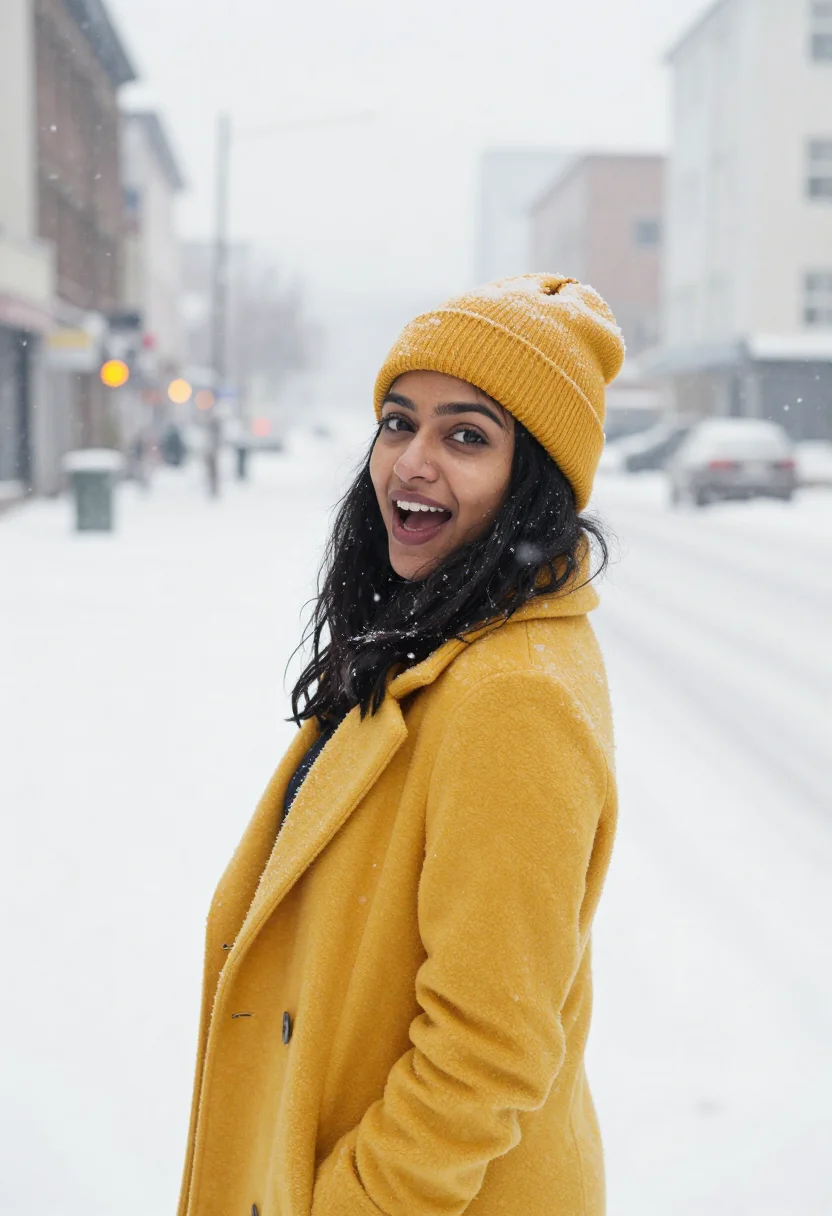 AI yellow cab snow sample — portrait of a woman, framed chest-up from the ribs with the