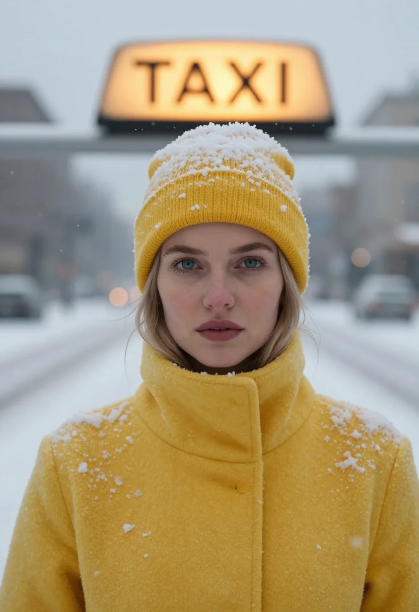 AI yellow cab snow sample — portrait of a woman, framed as a tight headshot from the cro