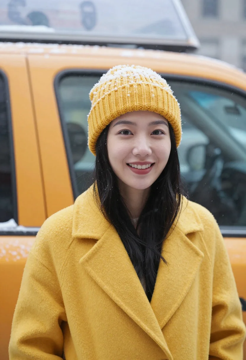 AI yellow cab snow sample — portrait of a woman, framed as a tight headshot from the cro