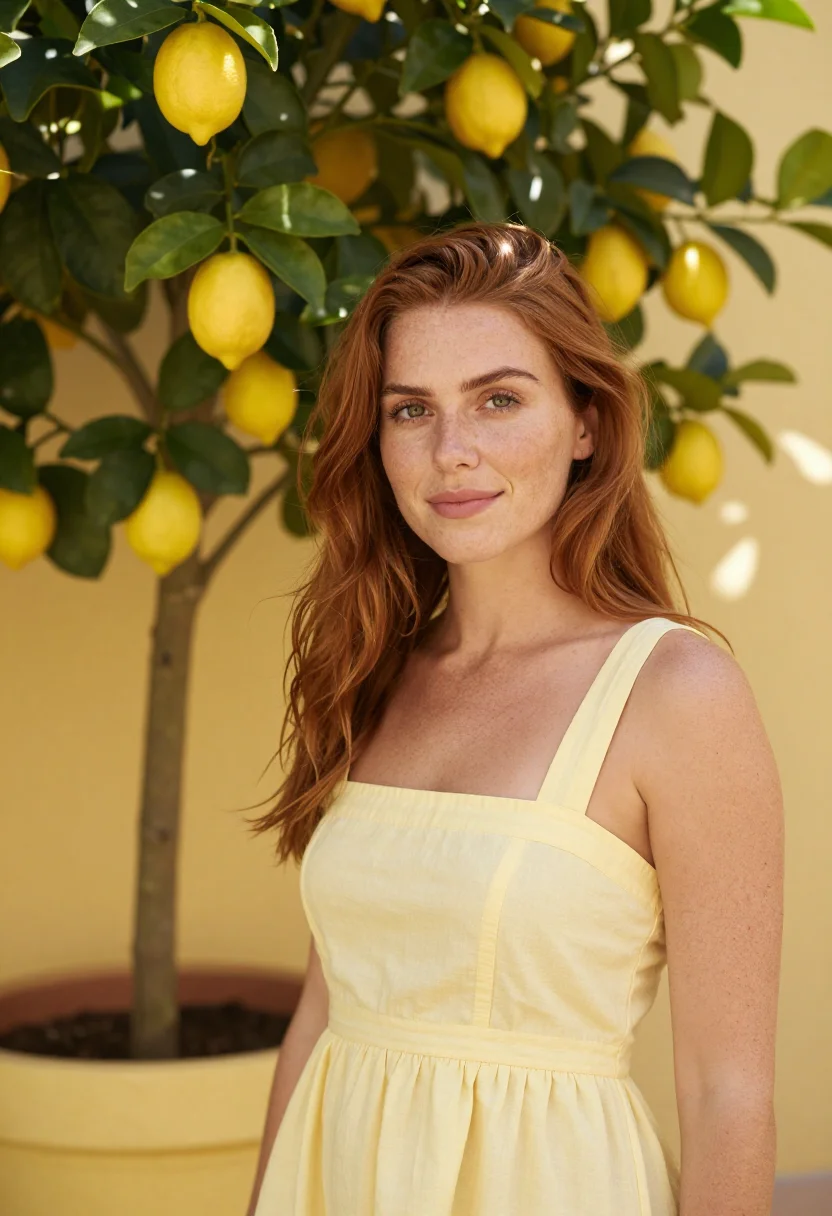 AI yellow sundress spring profile sample — portrait of a woman, framed tight, head and shoulders, the b