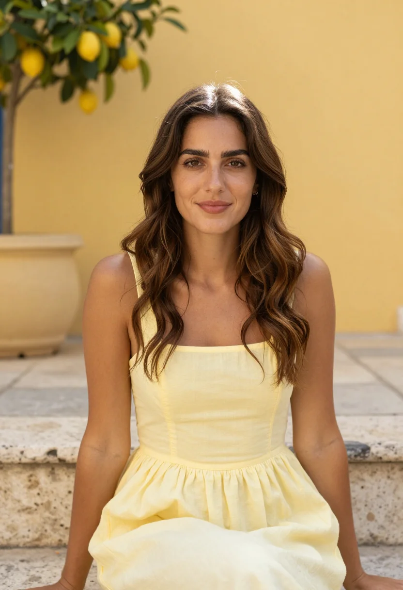 AI yellow sundress spring profile sample — portrait of a woman, framed tight, head and shoulders, the b