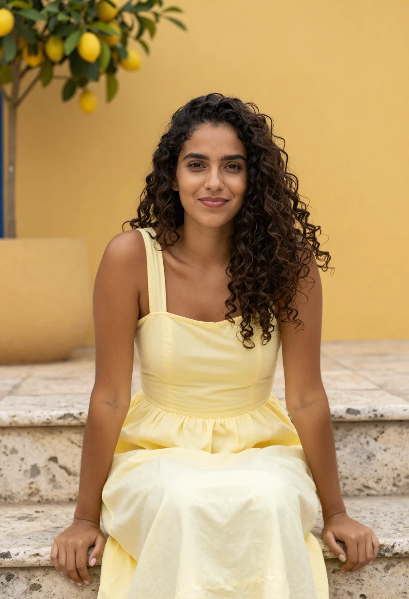 AI yellow sundress spring profile sample — portrait of a woman, framed chest-up, cropped at the ribs, t