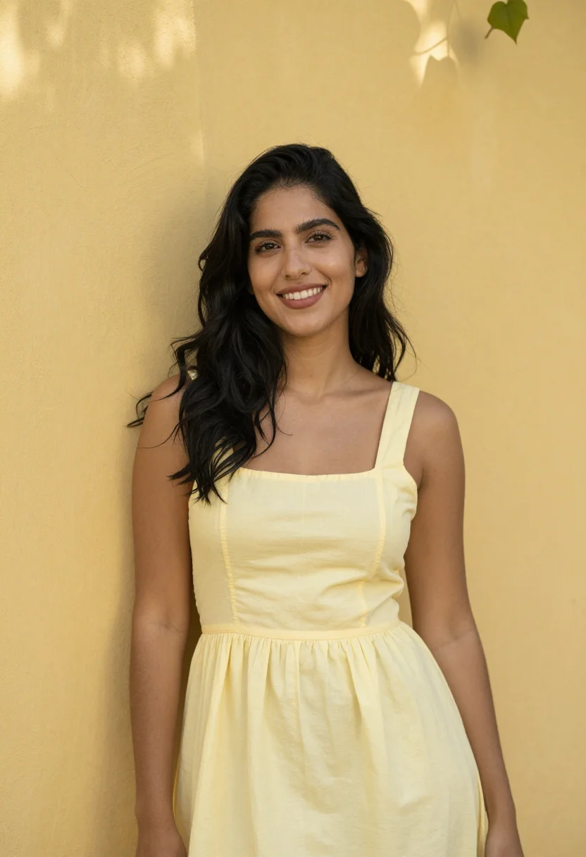 AI yellow sundress spring profile sample — portrait of a woman, framed waist-up from the head to the wa