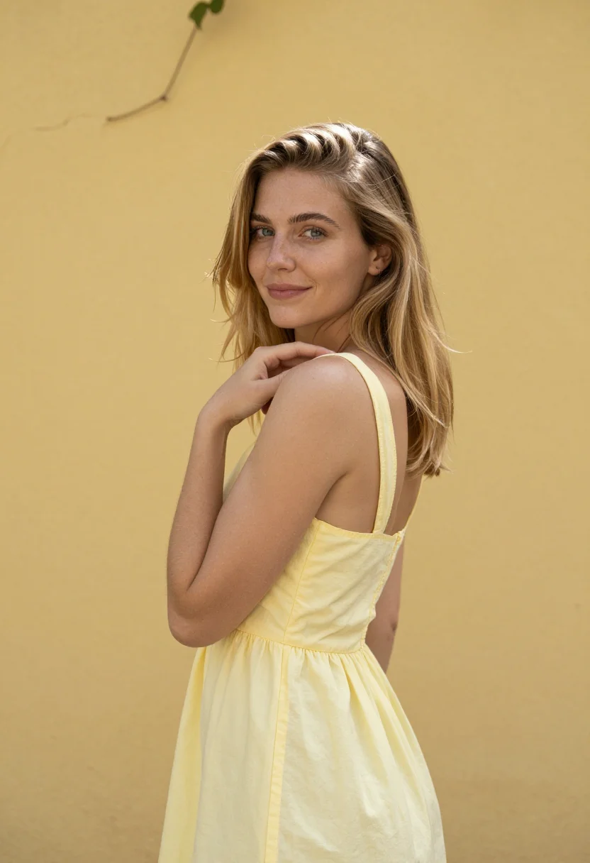 AI yellow sundress spring profile sample — portrait of a woman, framed chest-up, cropped at the ribs, t