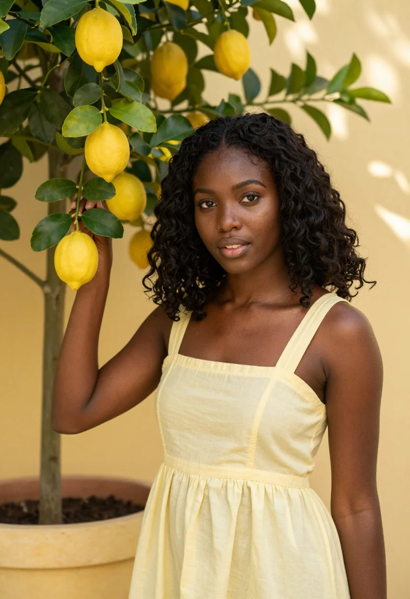 AI yellow sundress spring profile sample — portrait of a woman, framed chest-up, cropped at the ribs, t