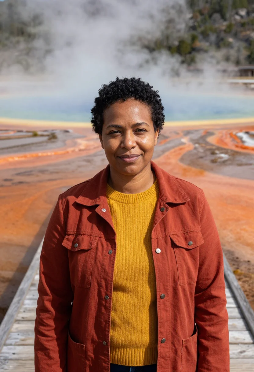 AI yellowstone microbiologist prismatic sample — portrait of a woman, in her forties, with deep brown skin, d