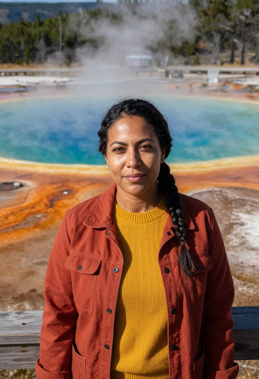 AI yellowstone microbiologist prismatic sample — portrait of a woman, in her mid-forties, with warm brown ski