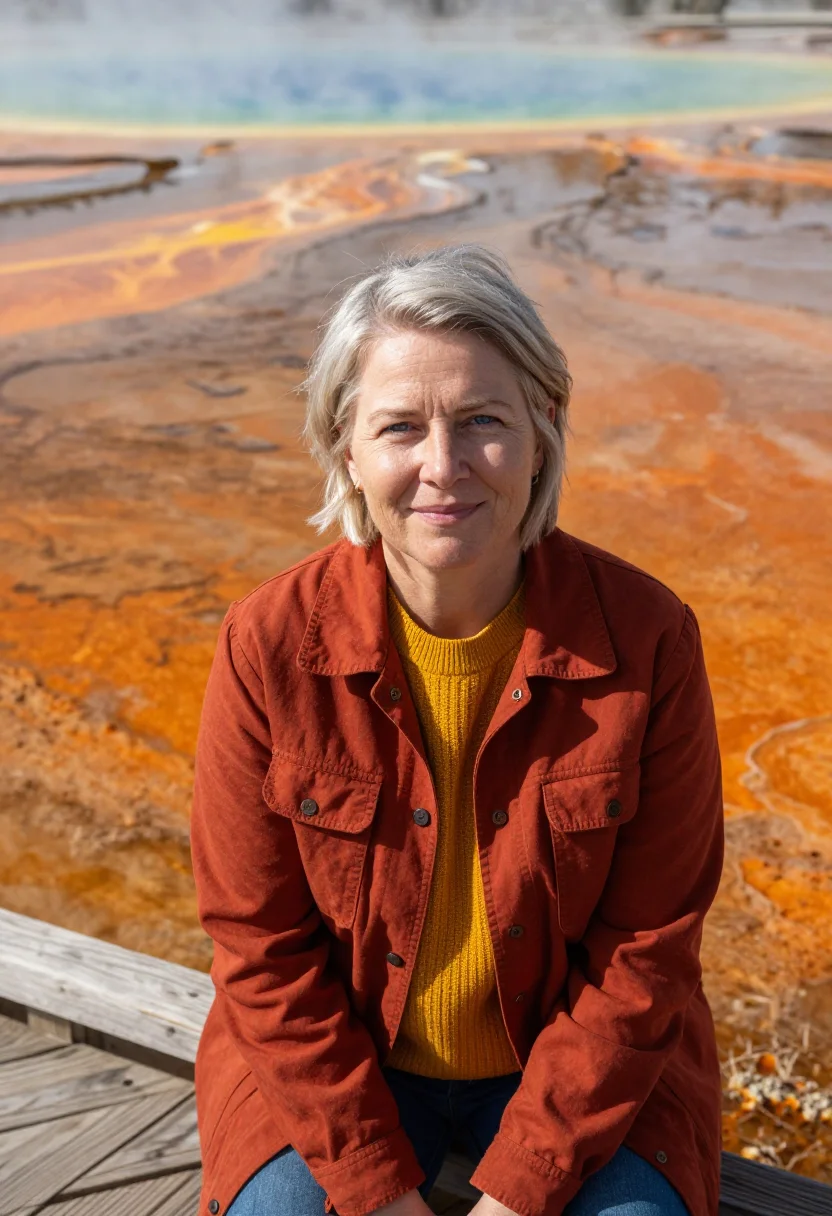 AI yellowstone microbiologist prismatic sample — portrait of a woman, in her early fifties, with fair skin, b