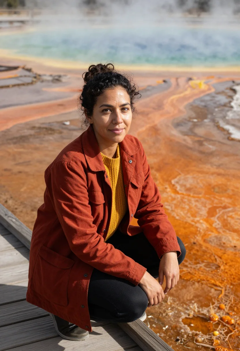 AI yellowstone microbiologist prismatic sample — portrait of a woman, in her late thirties, with tawny brown