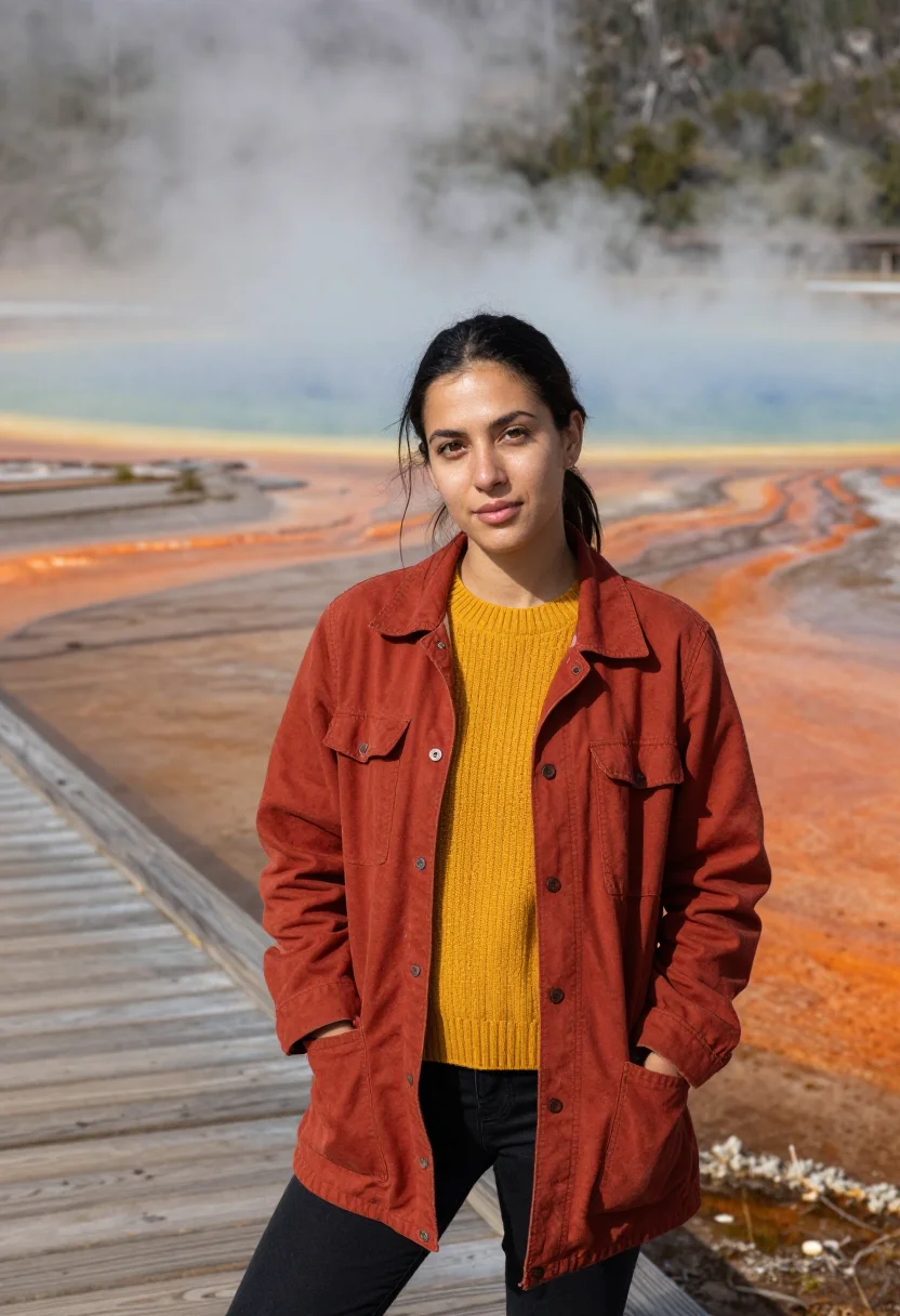 AI yellowstone microbiologist prismatic sample — portrait of a woman, in her late twenties, with warm olive s