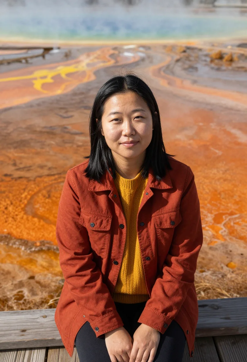 AI yellowstone microbiologist prismatic sample — portrait of a woman, in her thirties, a Korean-American micr