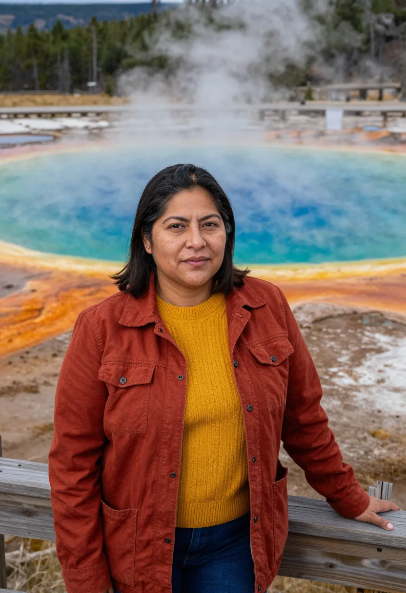 AI yellowstone microbiologist prismatic sample — portrait of a woman, in her forties, a Mexican-American micr