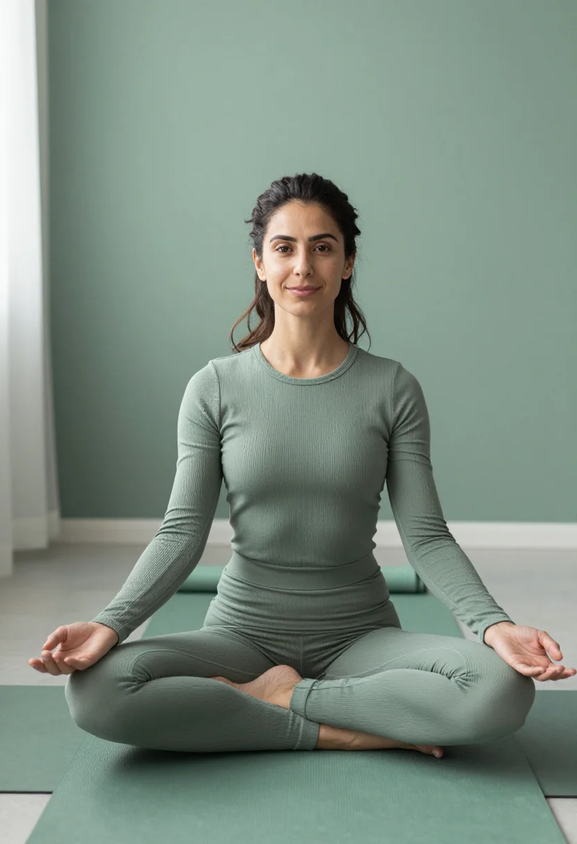 AI yoga morning sage sample — portrait of a woman, framed from the head to the crossed kne