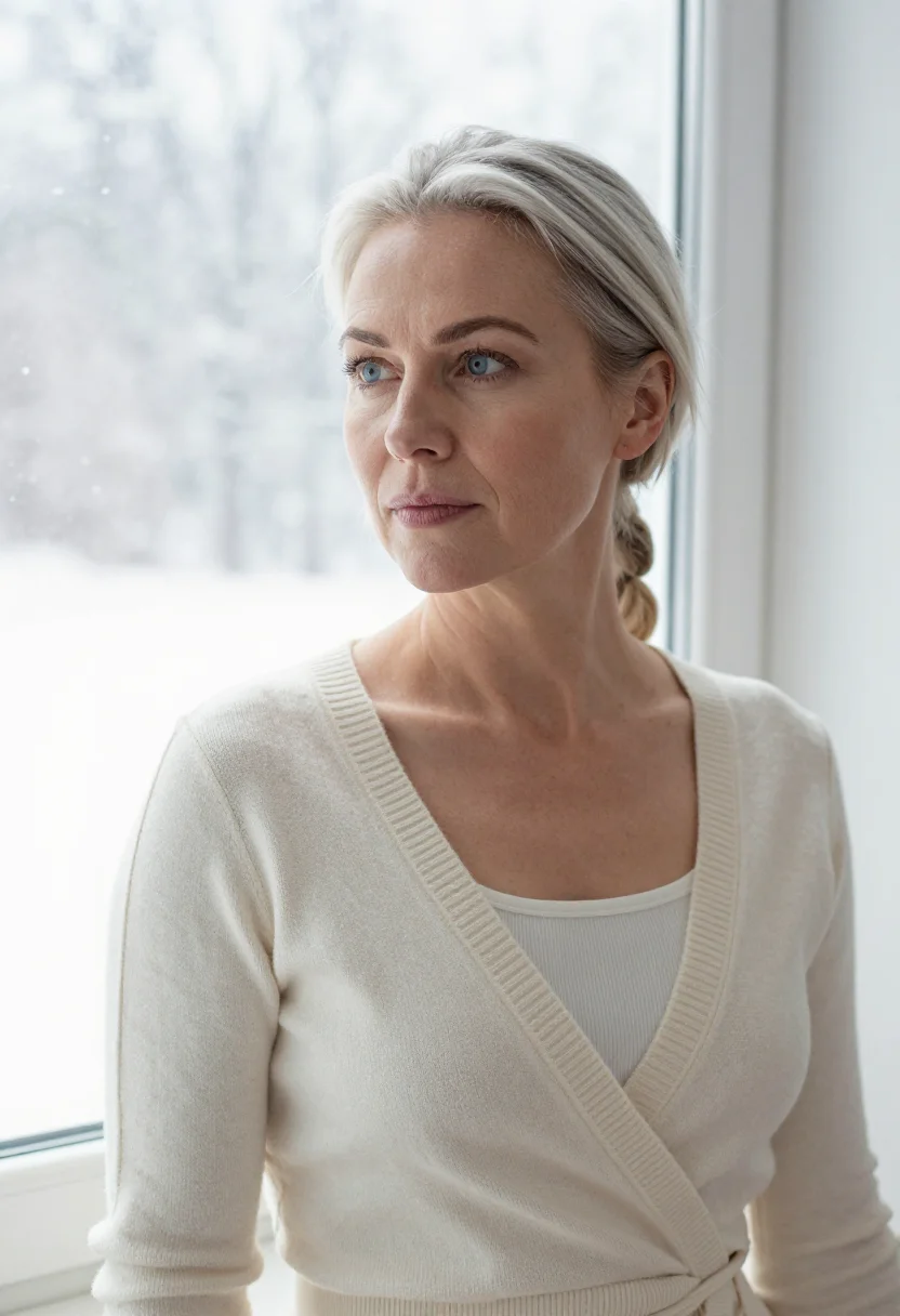 AI yoga teacher cream sample — portrait of a woman, tight headshot of a Nordic woman in her