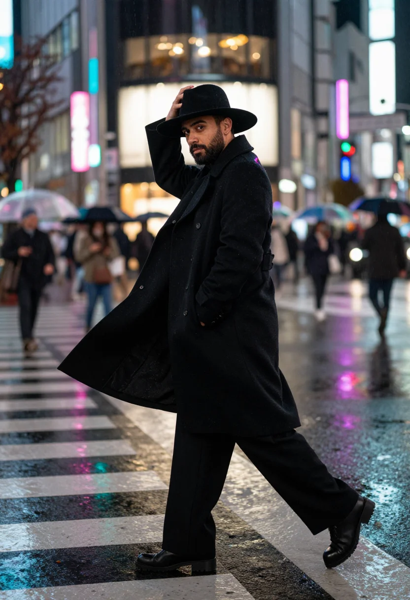 AI yohji black sample — portrait of a man, full-length low-angle view of an Italian