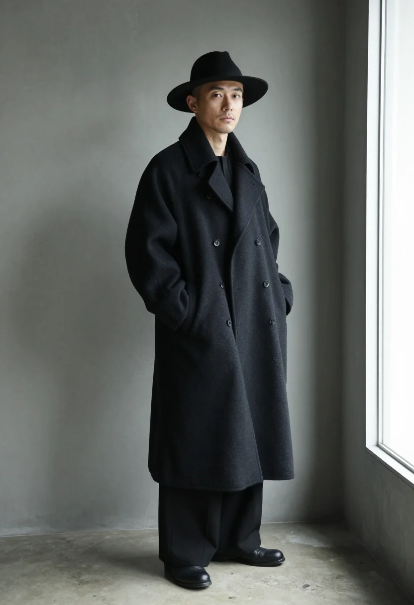 AI yohji black sample — portrait of a man, full-length three-quarter view of a Japan