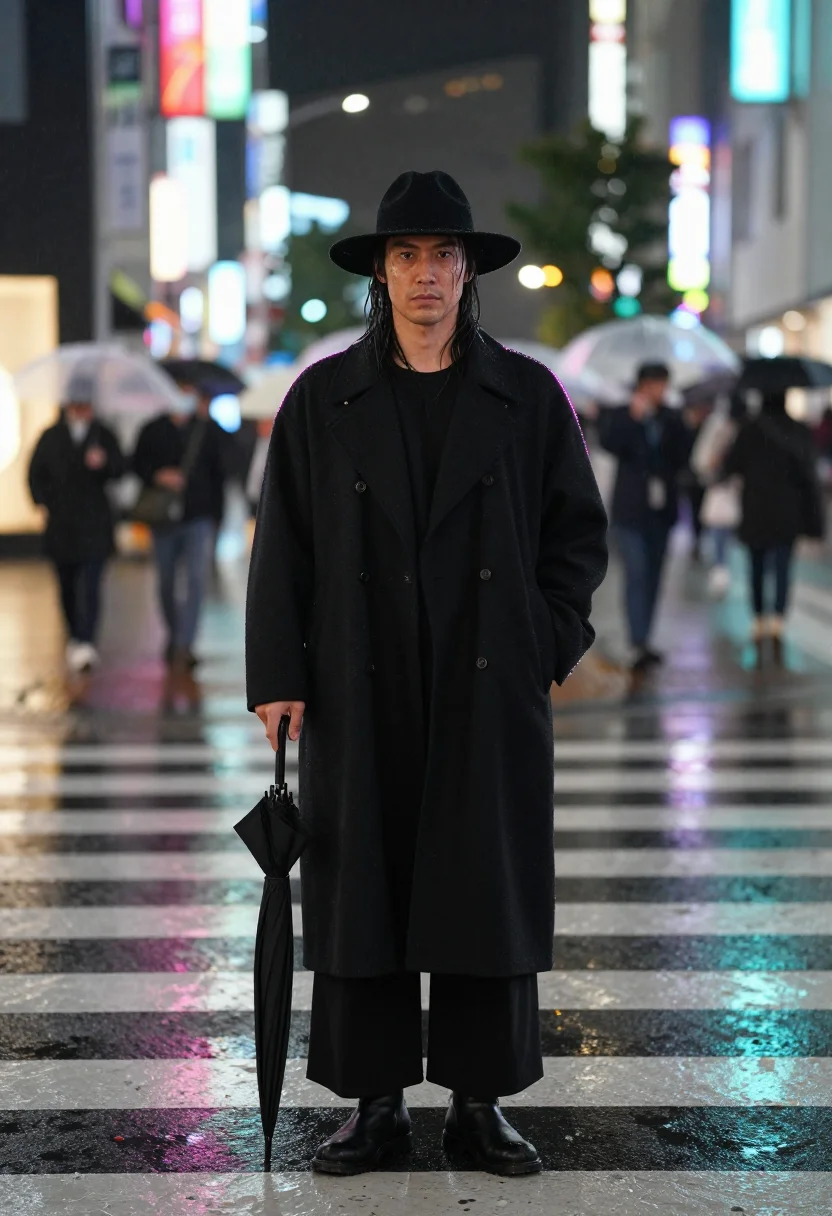 AI yohji black sample — portrait of a man, three-quarter-length low-angle view of a