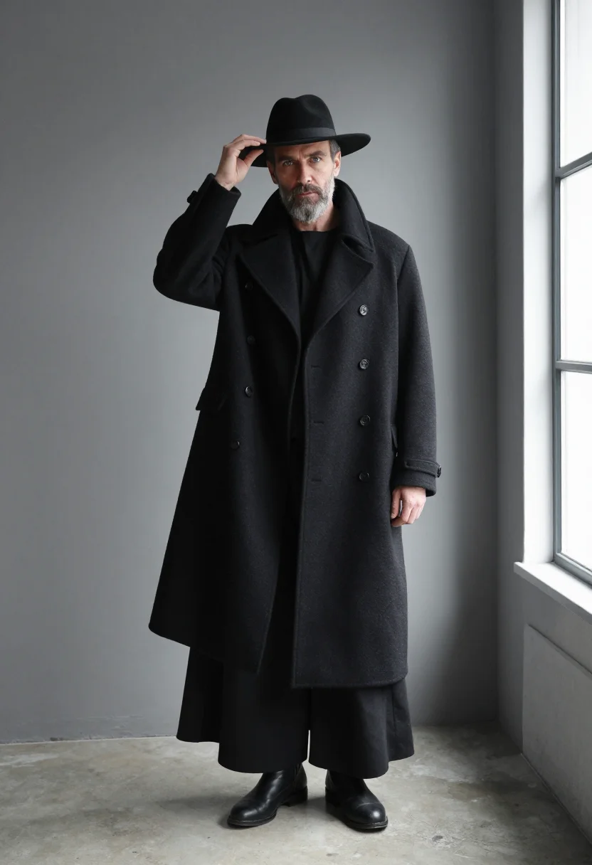 AI yohji black sample — portrait of a man, full-length frontal view of a French man