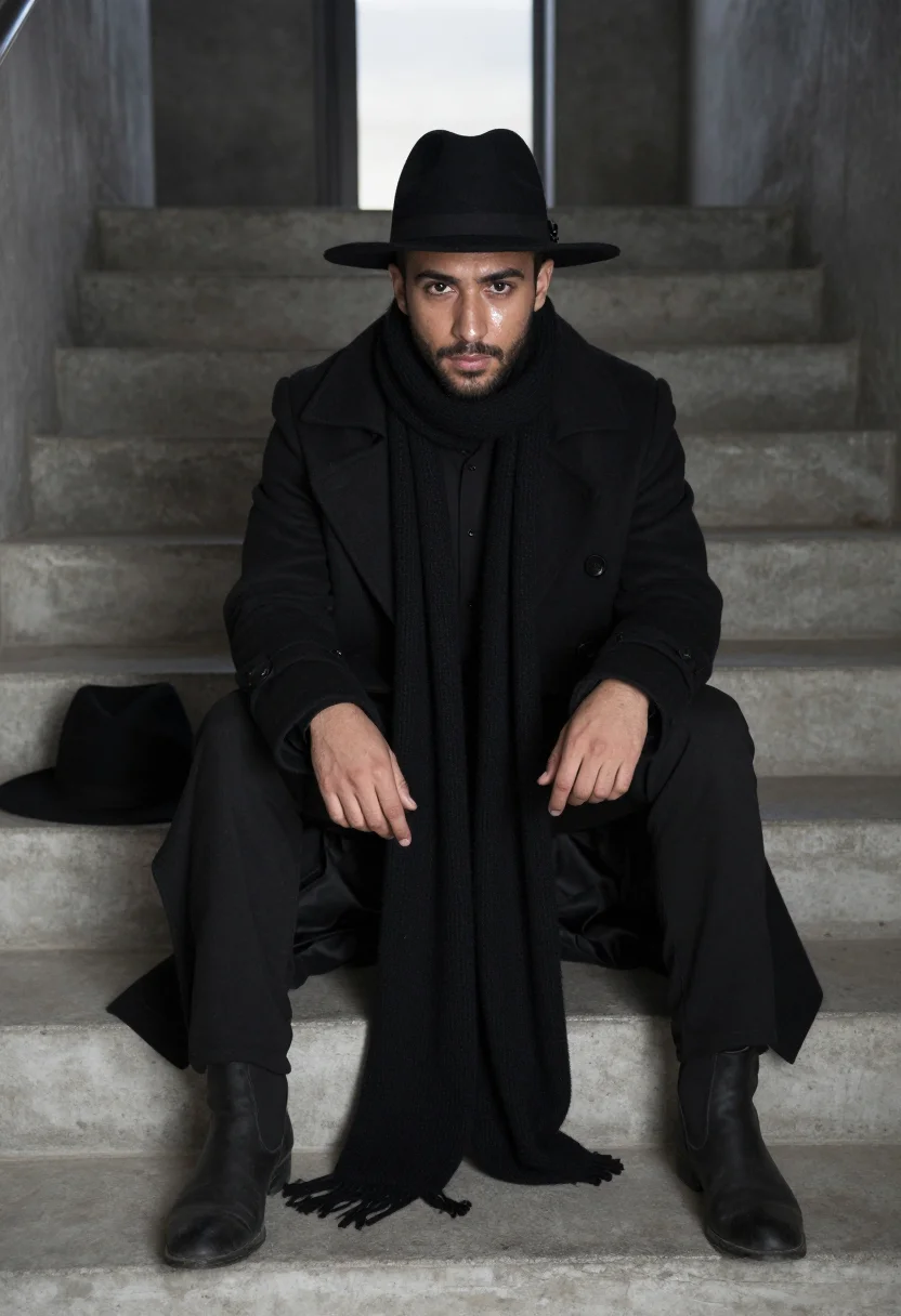 AI yohji black sample — portrait of a man, half-length high-angle view of a Spanish