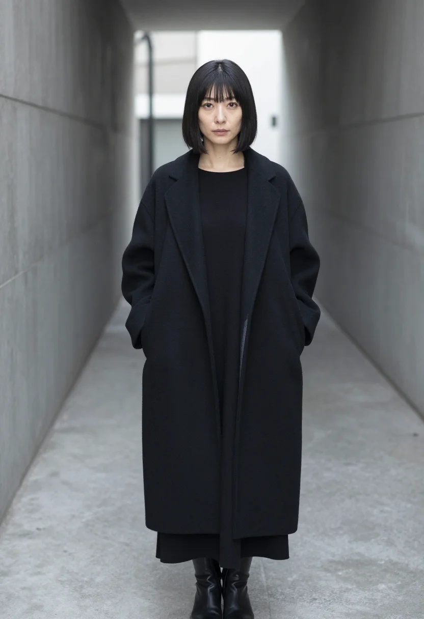 AI yohji tokyo black wool sample — portrait of a woman, framed half-length from the head to the