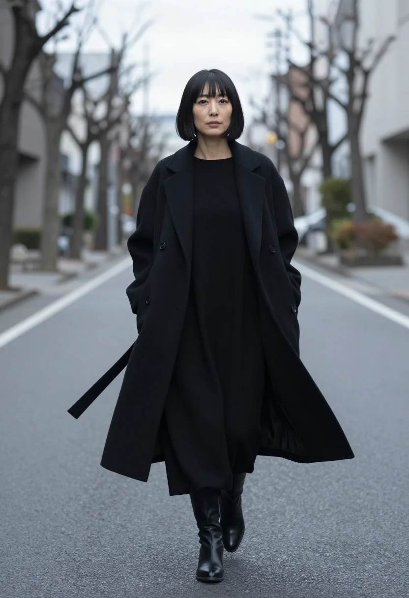 AI yohji tokyo black wool sample — portrait of a woman, framed full-length from the head to the