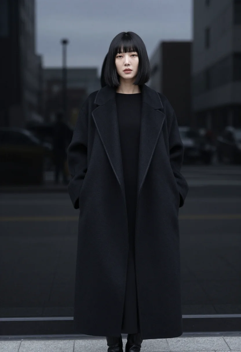 AI yohji tokyo black wool sample — portrait of a woman, framed half-length from the head to the