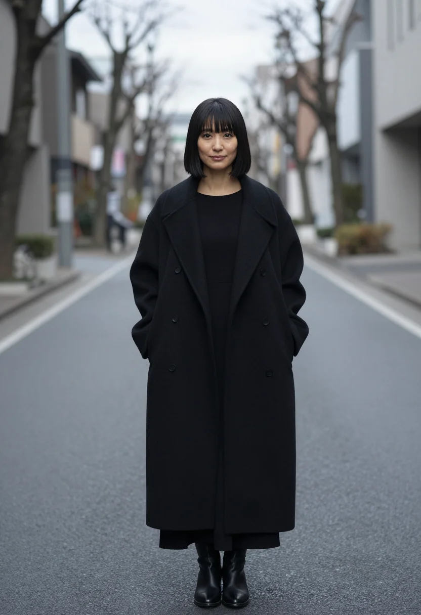 AI yohji tokyo black wool sample — portrait of a woman, framed tight, head and shoulders, the b