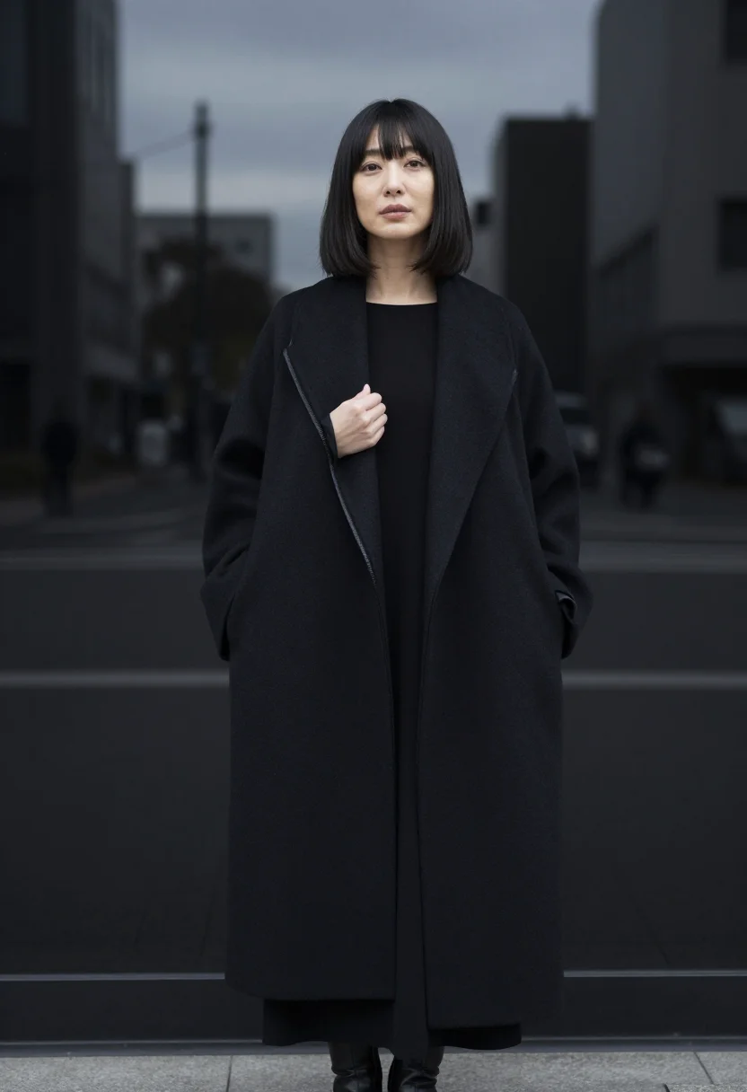 AI yohji tokyo black wool sample — portrait of a woman, framed chest-up, cropped at the ribs, t