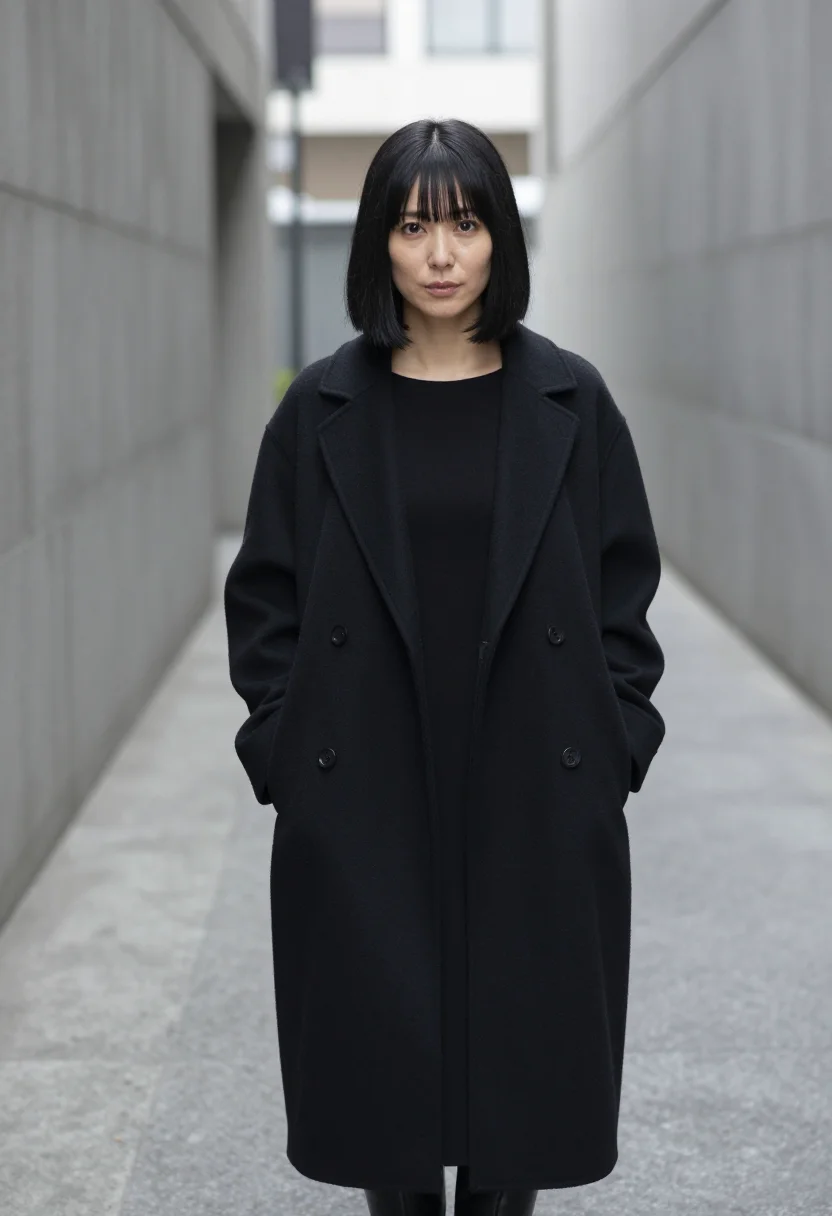 AI yohji tokyo black wool sample — portrait of a woman, framed tight, head and shoulders, the b