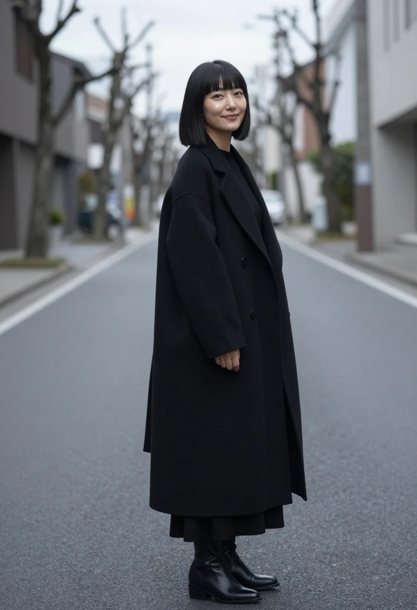 AI yohji tokyo black wool sample — portrait of a woman, framed chest-up, cropped at the ribs, t