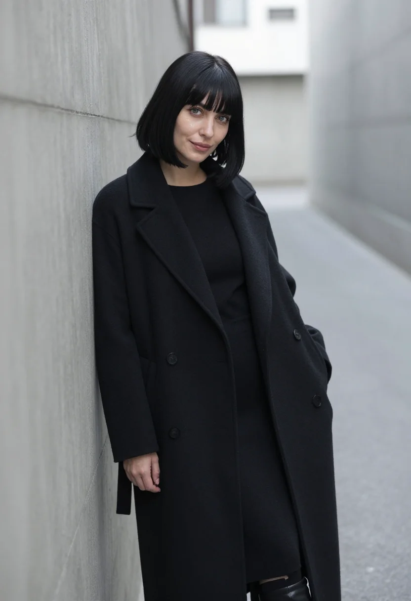 AI yohji tokyo black wool sample — portrait of a woman, framed chest-up, cropped at the ribs, t