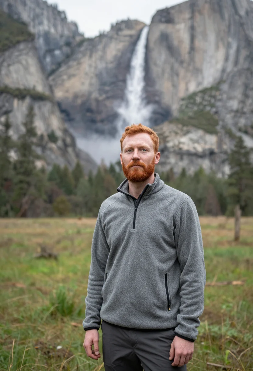 AI yosemite waterfalls may granite white sample — portrait of a man, framed tight, head and shoulders, the bod