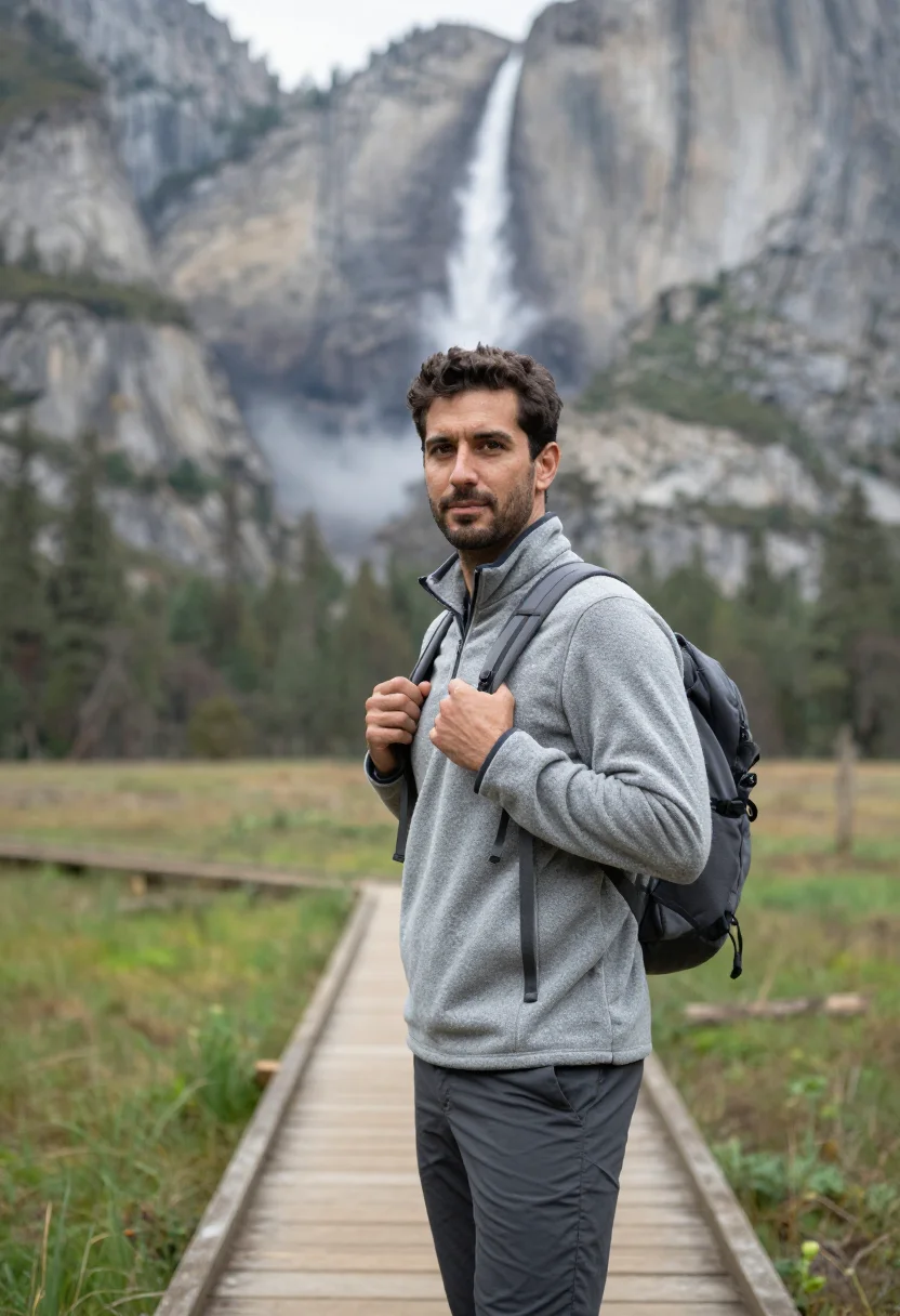 AI yosemite waterfalls may granite white sample — portrait of a man, framed half-length from the head to the h