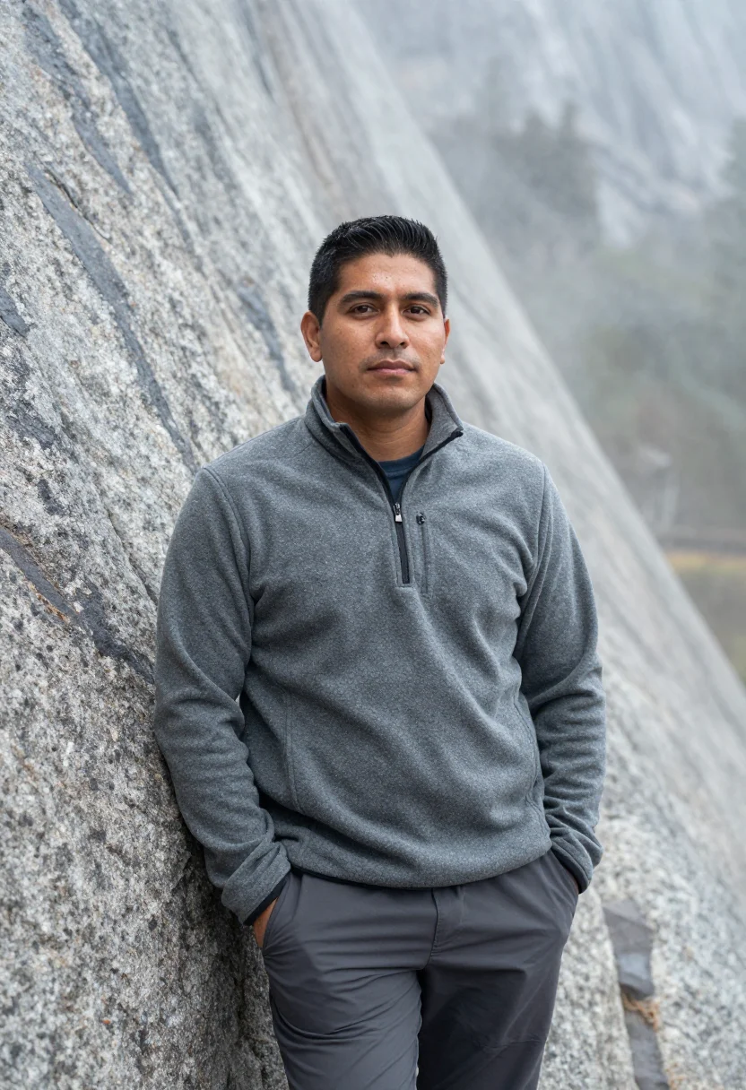 AI yosemite waterfalls may granite white sample — portrait of a man, framed half-length from the head to the h