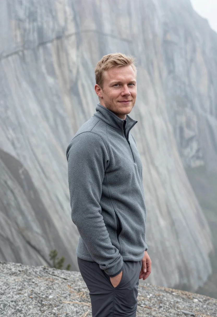AI yosemite waterfalls may granite white sample — portrait of a man, framed chest-up, cropped at the ribs, the
