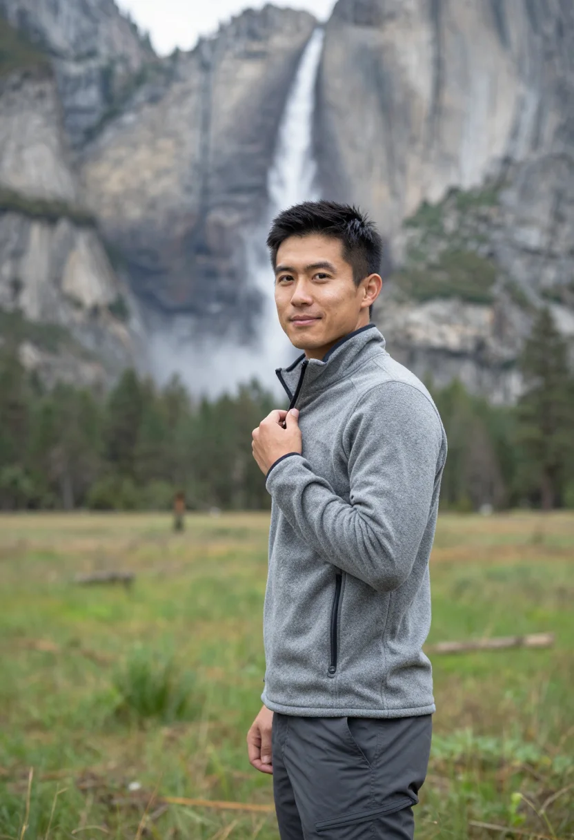 AI yosemite waterfalls may granite white sample — portrait of a man, framed chest-up, cropped at the ribs, the